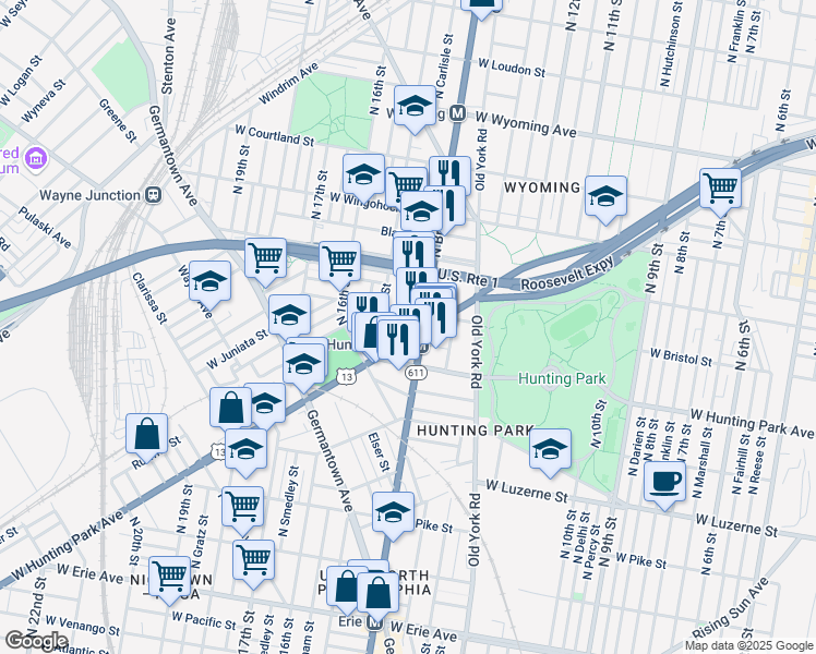 map of restaurants, bars, coffee shops, grocery stores, and more near 4240-42 North Broad Street in Philadelphia