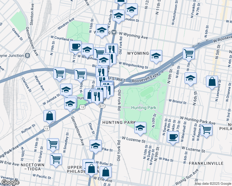 map of restaurants, bars, coffee shops, grocery stores, and more near 1312 West Bristol Street in Philadelphia