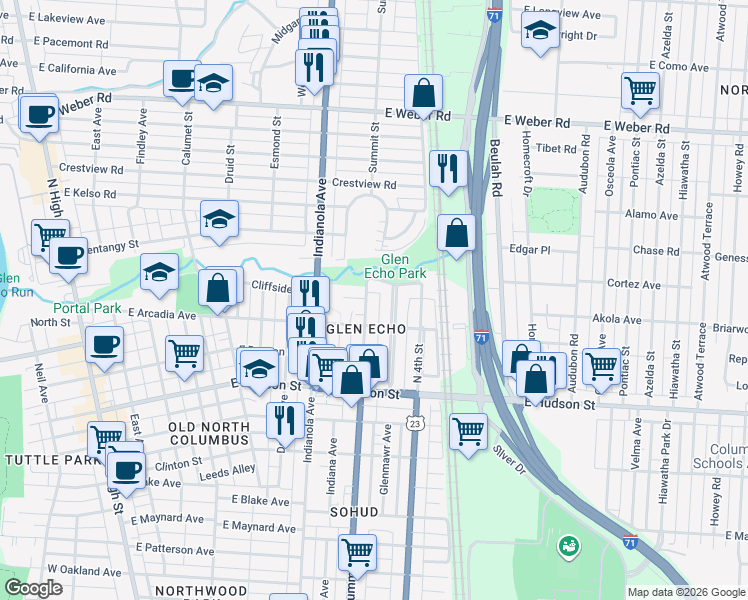 map of restaurants, bars, coffee shops, grocery stores, and more near 469 Cliffside Drive in Columbus