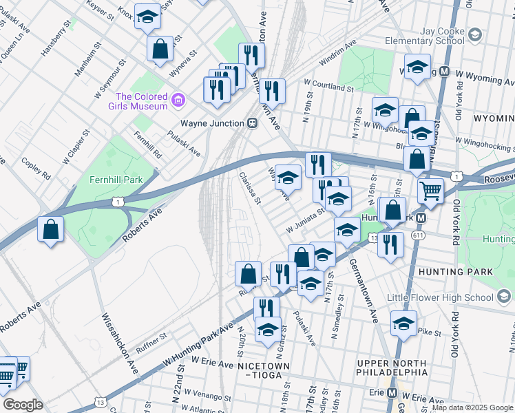 map of restaurants, bars, coffee shops, grocery stores, and more near 2034 Rowan Street in Philadelphia