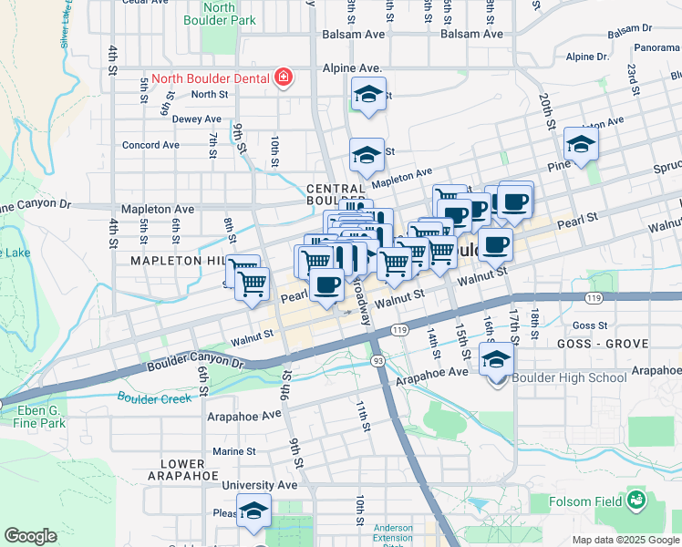 map of restaurants, bars, coffee shops, grocery stores, and more near 2041 Broadway in Boulder