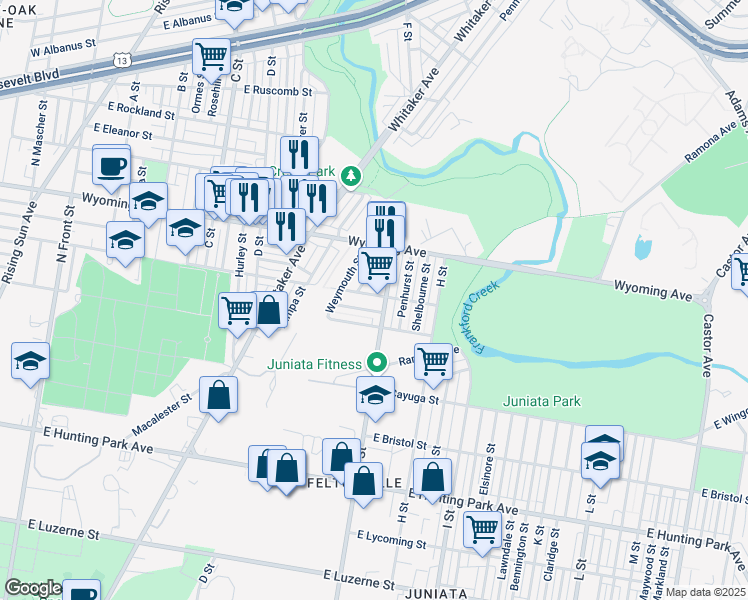 map of restaurants, bars, coffee shops, grocery stores, and more near 648 East Courtland Street in Philadelphia