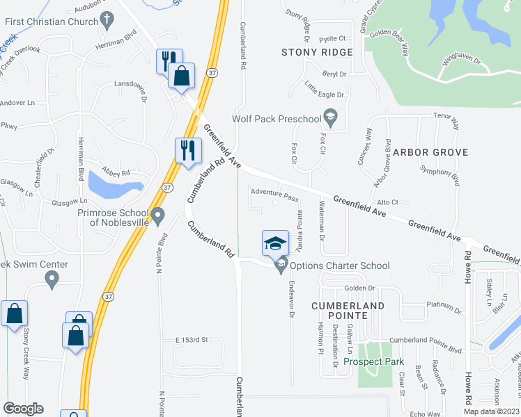 map of restaurants, bars, coffee shops, grocery stores, and more near 15767 Exploration Boulevard in Noblesville