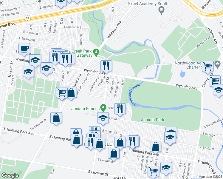 map of restaurants, bars, coffee shops, grocery stores, and more near 801 East Courtland Street in Philadelphia