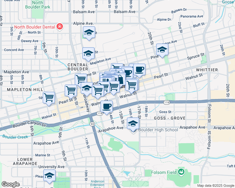 map of restaurants, bars, coffee shops, grocery stores, and more near 1900 15th Street in Boulder