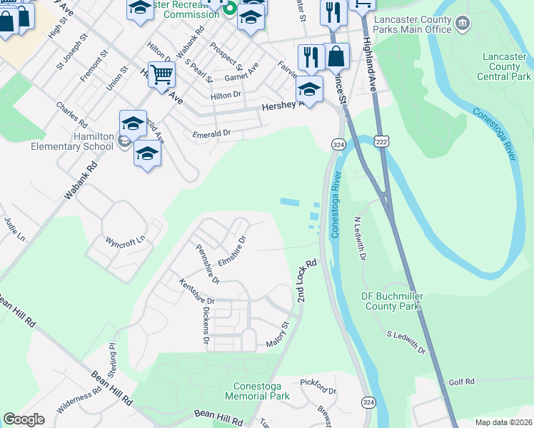 map of restaurants, bars, coffee shops, grocery stores, and more near 414 Elmshire Dr in Lancaster