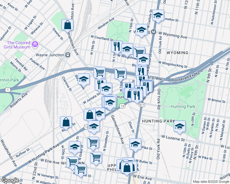 map of restaurants, bars, coffee shops, grocery stores, and more near 1632 Dounton Street in Philadelphia