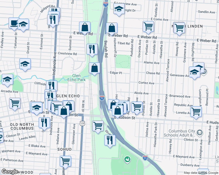 map of restaurants, bars, coffee shops, grocery stores, and more near 2650 Beulah Road in Columbus