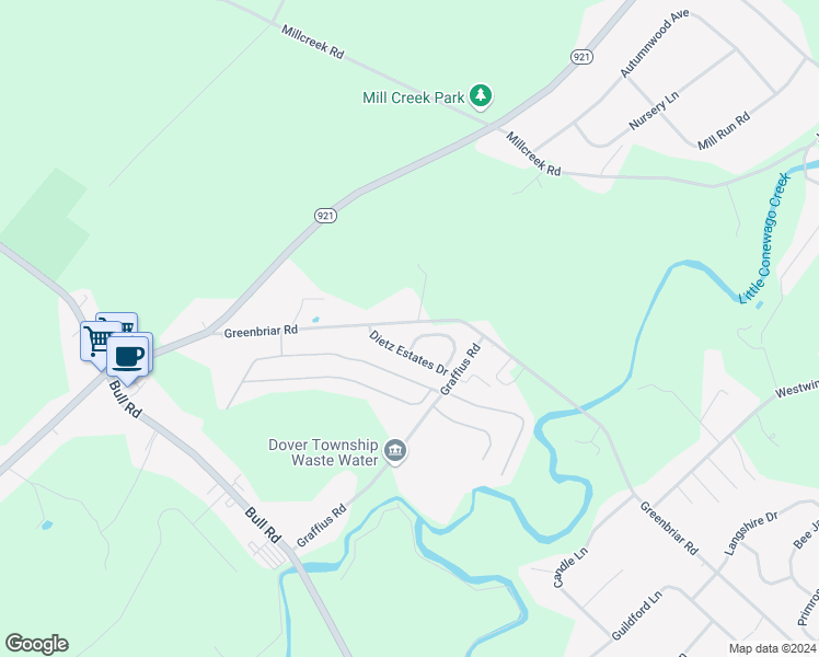 map of restaurants, bars, coffee shops, grocery stores, and more near 2060 Greenbriar Road in York
