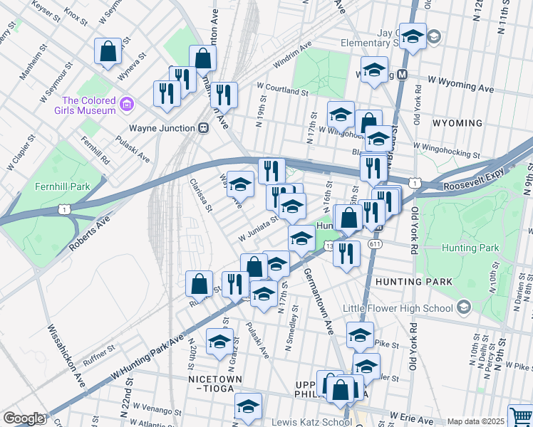map of restaurants, bars, coffee shops, grocery stores, and more near 1828 Brunner Street in Philadelphia