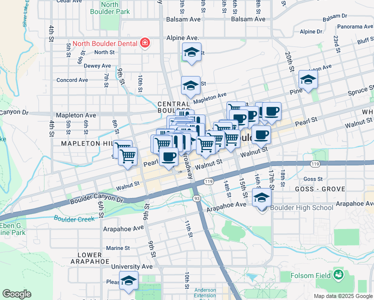 map of restaurants, bars, coffee shops, grocery stores, and more near 2041 Broadway in Boulder