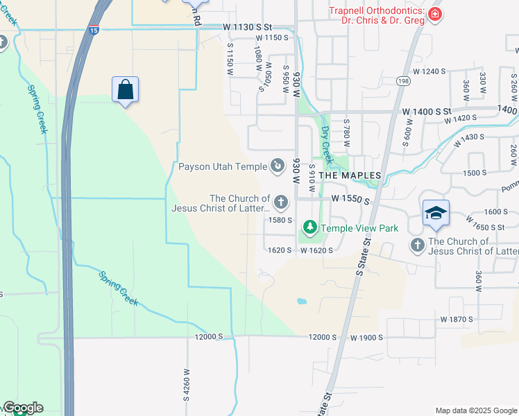 map of restaurants, bars, coffee shops, grocery stores, and more near 1553 South 1030 West in Payson