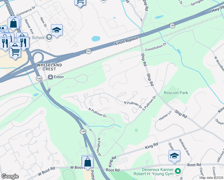 map of restaurants, bars, coffee shops, grocery stores, and more near 593 Coach Hill Court in West Chester
