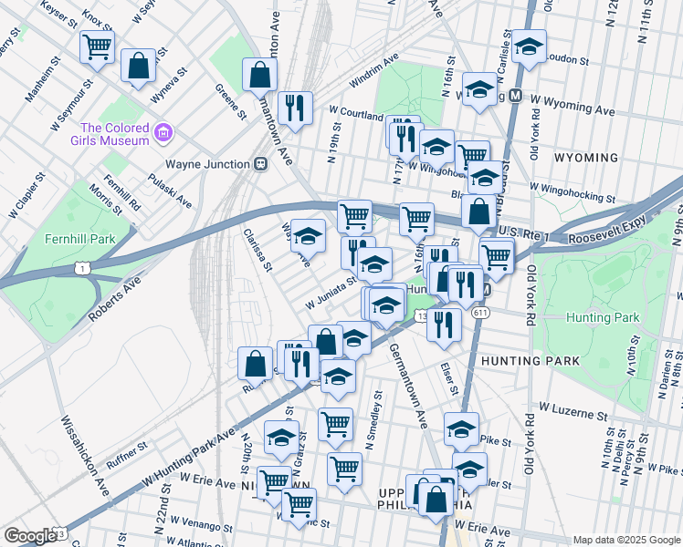 map of restaurants, bars, coffee shops, grocery stores, and more near 1828 Brunner Street in Philadelphia