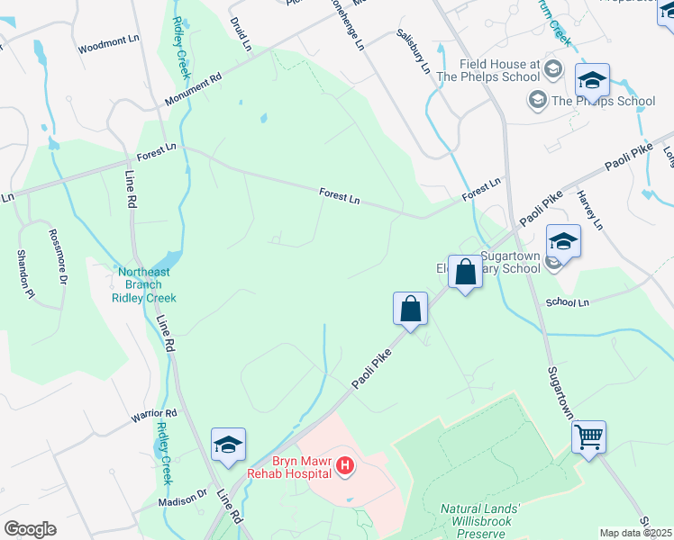 map of restaurants, bars, coffee shops, grocery stores, and more near 12 Oak Tree Lane in Malvern