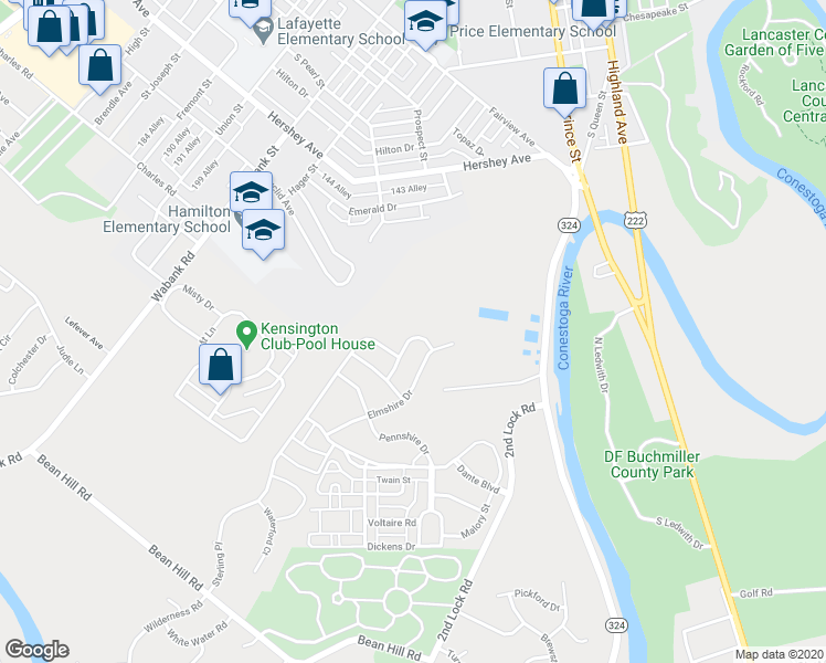 map of restaurants, bars, coffee shops, grocery stores, and more near 336 Yorkshire Drive in Lancaster