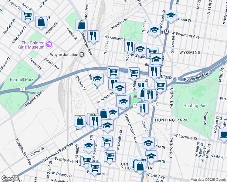 map of restaurants, bars, coffee shops, grocery stores, and more near 4202 Germantown Avenue in Philadelphia
