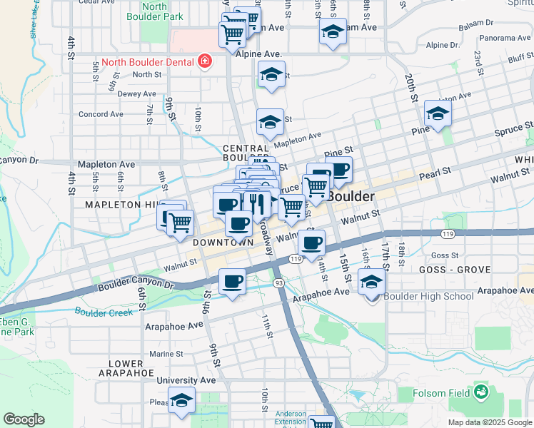 map of restaurants, bars, coffee shops, grocery stores, and more near 2041 Broadway in Boulder