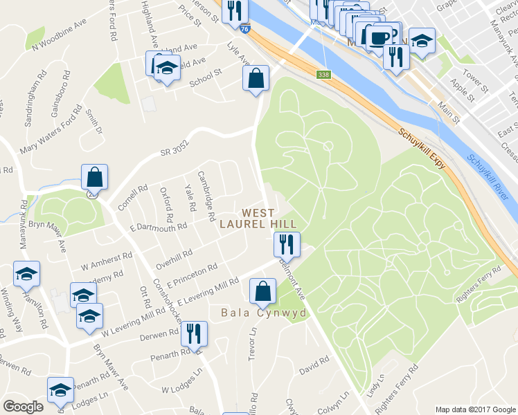 map of restaurants, bars, coffee shops, grocery stores, and more near 160 Vassar Road in Bala Cynwyd