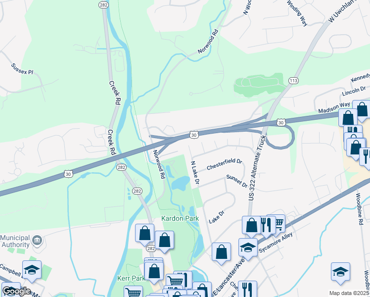map of restaurants, bars, coffee shops, grocery stores, and more near 306 North Lake Drive in Downingtown