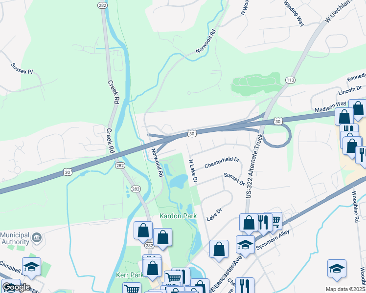 map of restaurants, bars, coffee shops, grocery stores, and more near 306 North Lake Drive in Downingtown