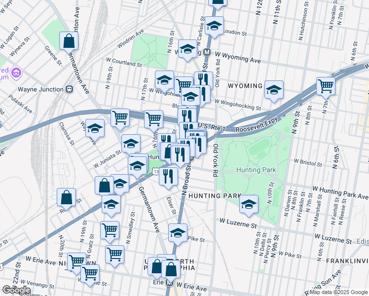 map of restaurants, bars, coffee shops, grocery stores, and more near 1418 West Bristol Street in Philadelphia