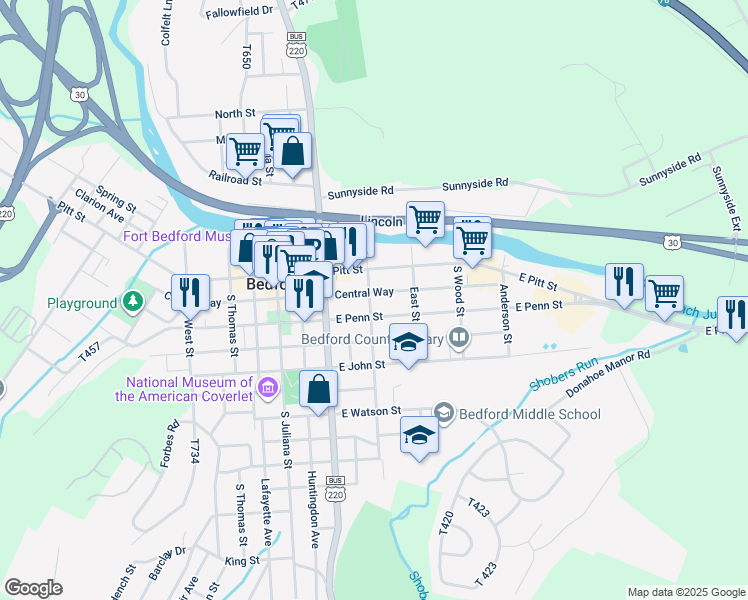 map of restaurants, bars, coffee shops, grocery stores, and more near 133 South Bedford Street in Bedford