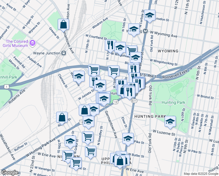map of restaurants, bars, coffee shops, grocery stores, and more near 1628 Dounton Street in Philadelphia