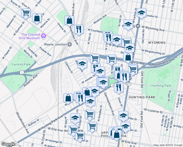 map of restaurants, bars, coffee shops, grocery stores, and more near 1826 Brunner Street in Philadelphia