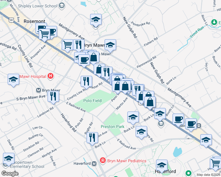 map of restaurants, bars, coffee shops, grocery stores, and more near 635 Lancaster Avenue in Bryn Mawr