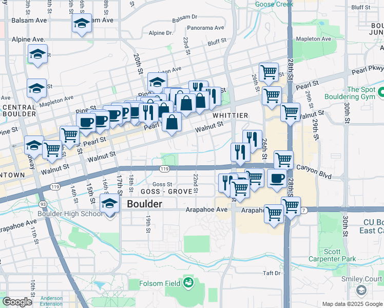map of restaurants, bars, coffee shops, grocery stores, and more near 1823 22nd Street in Boulder