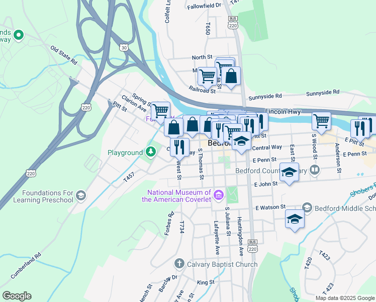 map of restaurants, bars, coffee shops, grocery stores, and more near 104 West Pitt Street in Bedford