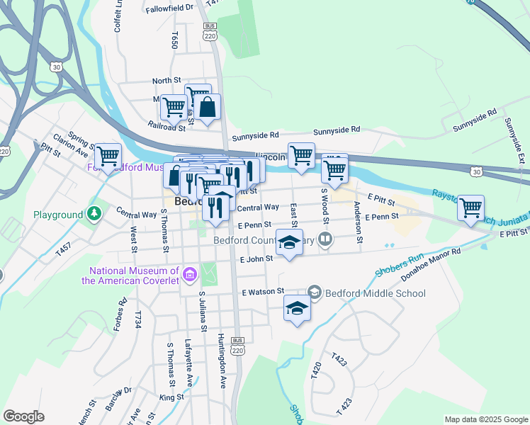map of restaurants, bars, coffee shops, grocery stores, and more near 133 South Bedford Street in Bedford