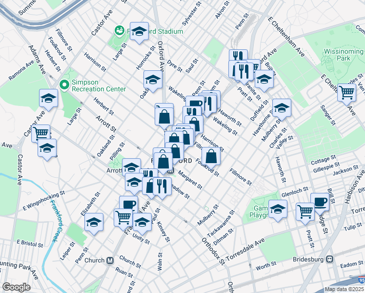 map of restaurants, bars, coffee shops, grocery stores, and more near 4804 Frankford Avenue in Philadelphia