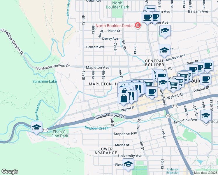 map of restaurants, bars, coffee shops, grocery stores, and more near 630 Pine Street in Boulder