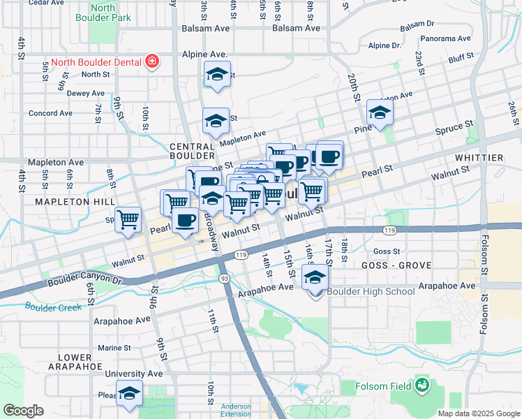 map of restaurants, bars, coffee shops, grocery stores, and more near 1406 Pearl Street in Boulder