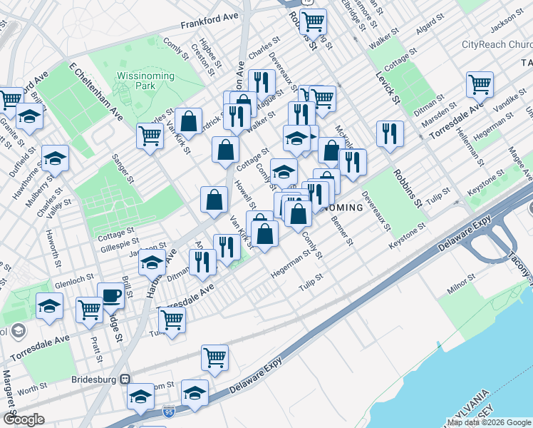 map of restaurants, bars, coffee shops, grocery stores, and more near 4525 Howell Street in Philadelphia