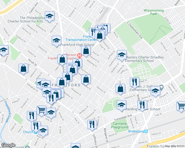 map of restaurants, bars, coffee shops, grocery stores, and more near 1661 Harrison Street in Philadelphia