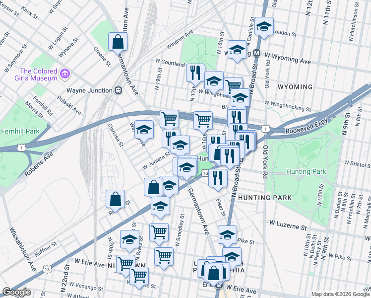map of restaurants, bars, coffee shops, grocery stores, and more near 1705 West Juniata Street in Philadelphia