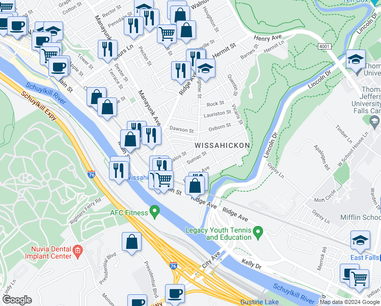 map of restaurants, bars, coffee shops, grocery stores, and more near 169 Kalos Street in Philadelphia