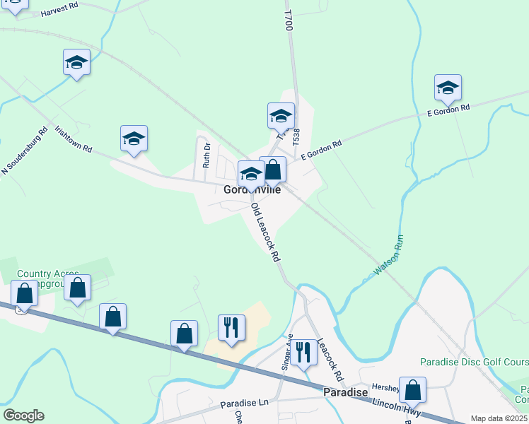 map of restaurants, bars, coffee shops, grocery stores, and more near 239 Old Leacock Road in Gordonville