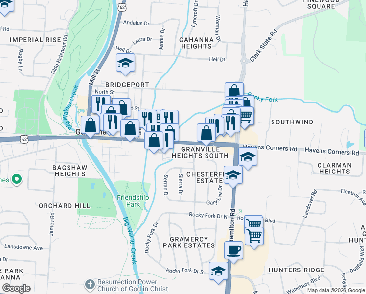 map of restaurants, bars, coffee shops, grocery stores, and more near 246 Ohio 317 in Gahanna