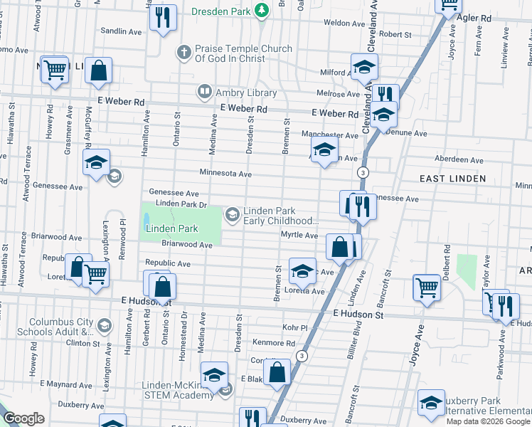 map of restaurants, bars, coffee shops, grocery stores, and more near 1491 Genessee Avenue in Columbus