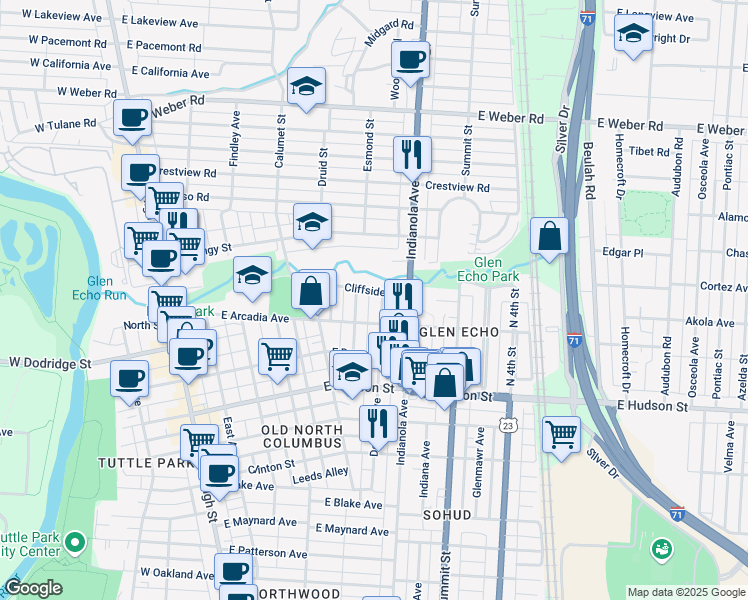 map of restaurants, bars, coffee shops, grocery stores, and more near 2710 Dayton Avenue in Columbus
