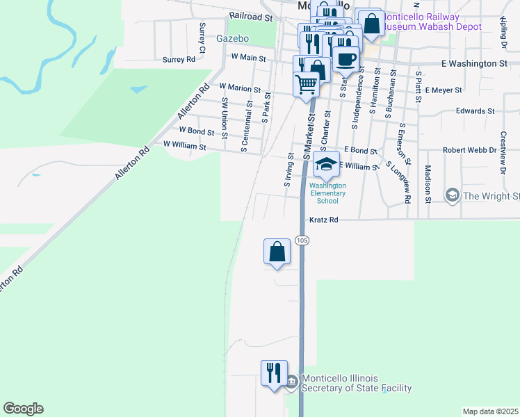 map of restaurants, bars, coffee shops, grocery stores, and more near 499 W Monroe St in Monticello