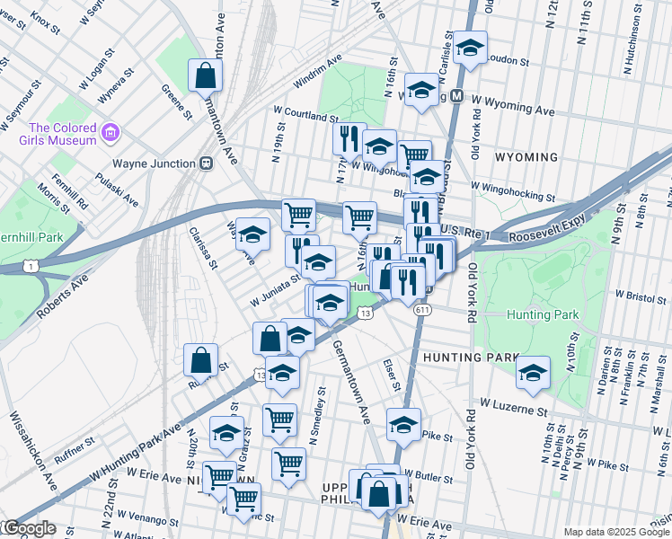 map of restaurants, bars, coffee shops, grocery stores, and more near 1649 Dounton Street in Philadelphia