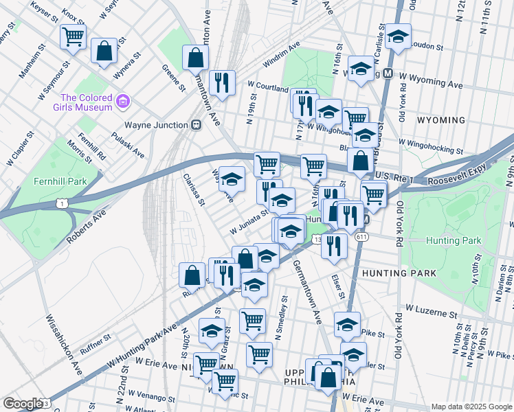 map of restaurants, bars, coffee shops, grocery stores, and more near 1826 Brunner Street in Philadelphia