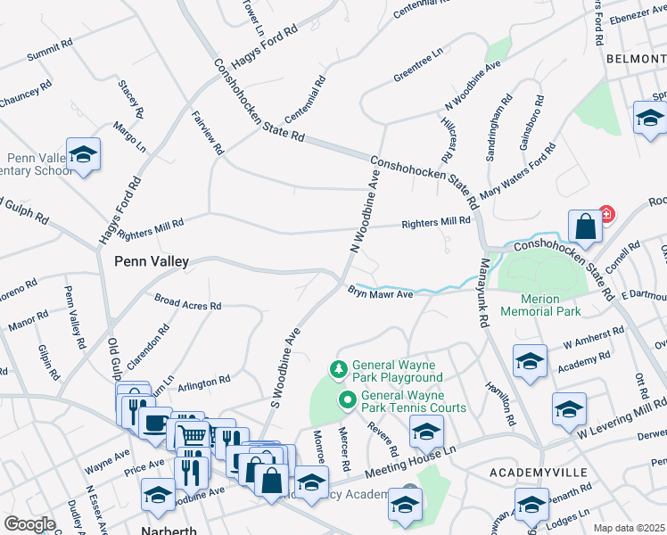 map of restaurants, bars, coffee shops, grocery stores, and more near 814 North Woodbine Avenue in Penn Valley