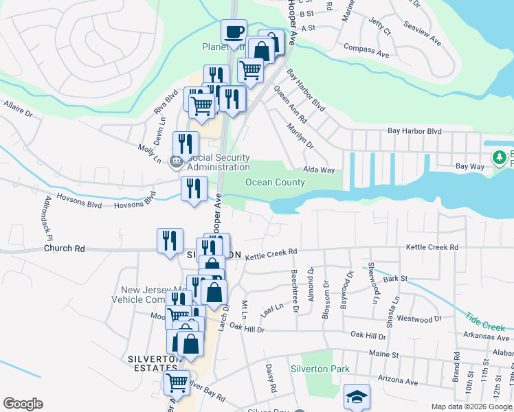 map of restaurants, bars, coffee shops, grocery stores, and more near 26 Reney Street in Toms River