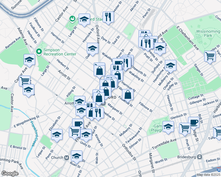 map of restaurants, bars, coffee shops, grocery stores, and more near 4804 Frankford Avenue in Philadelphia